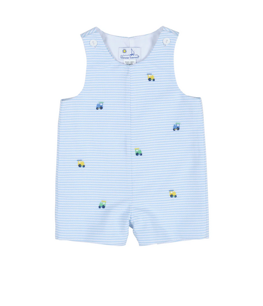 Stripe Birdeye Pique Shortall With Embroidered Trains