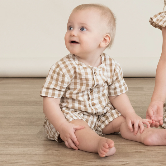 Organic Cotton Short Bubble Romper - Brown Chequered