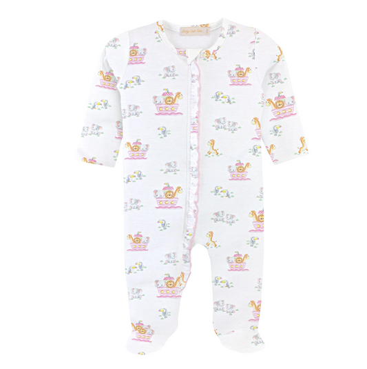 Noah's Ark Pink Printed Footie with Ruffles