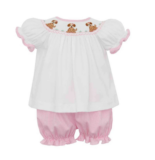 Smocked Puppy Girl's Bishop/Bloomer Set