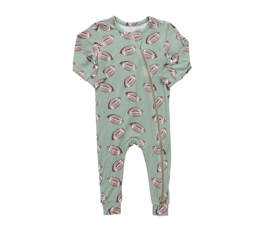 Pink Chicken Baby Bamboo Romper - Green Flying Footballs