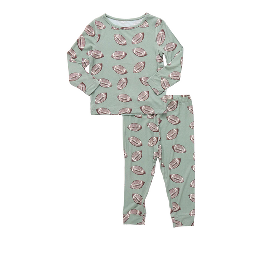 Pink Chicken Kids Bamboo PJ Set - Green Flying Footballs