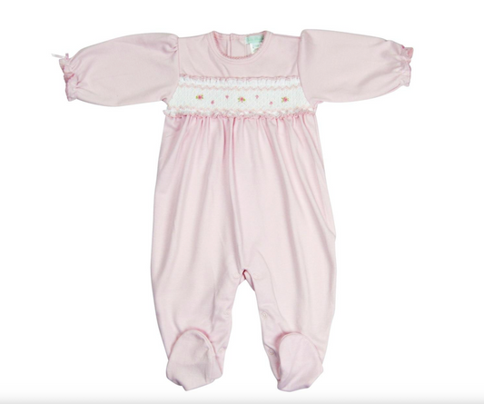 Pink Smocked Footie With Embroidered Flowers