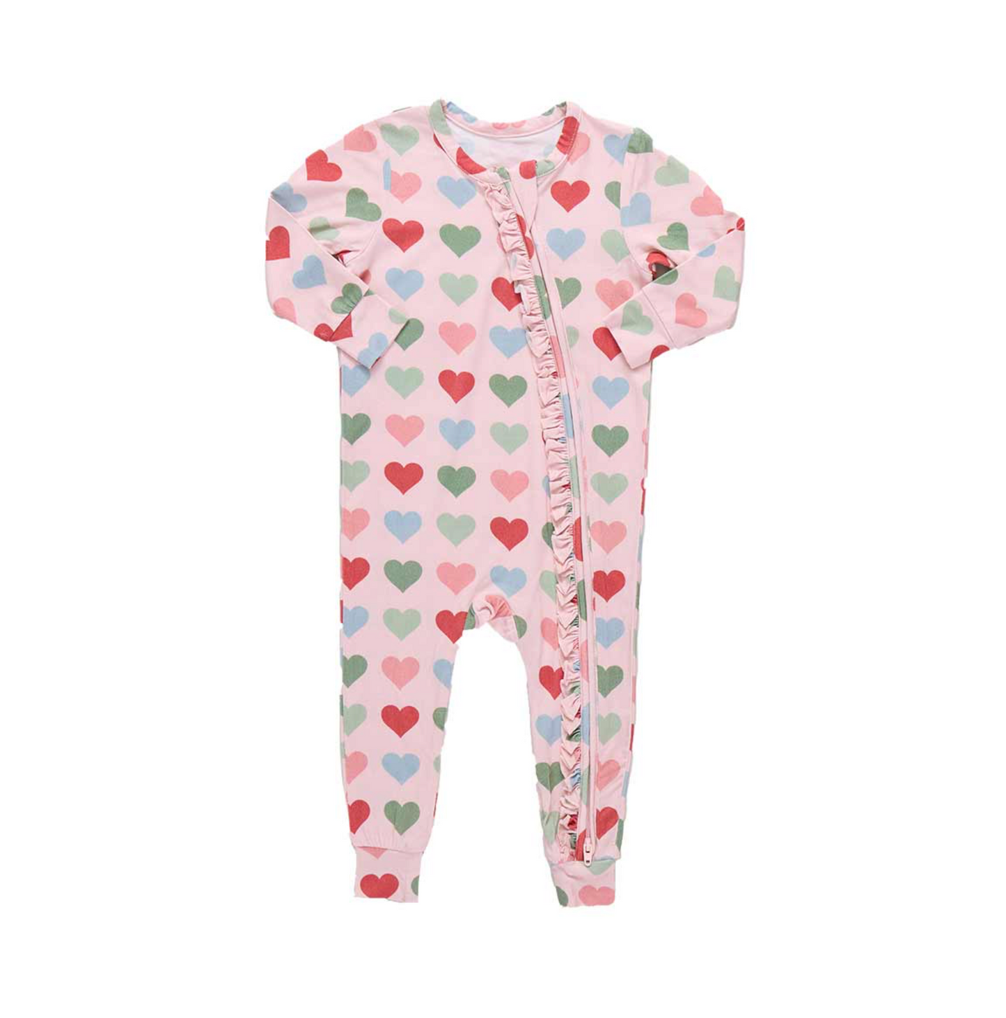 Pink Chicken Baby Girls Ruffle Bamboo Romper - Pink Small Hearts