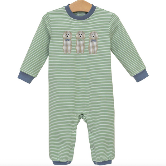 Green Stripe Appliqué Dog Romper