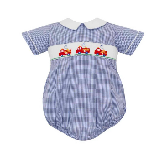 Smocked Firetrucks Navy Blue Check Bubble