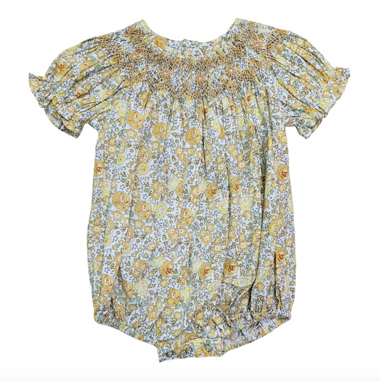 Jacqueline Yellow Floral Print Smocked Bubble