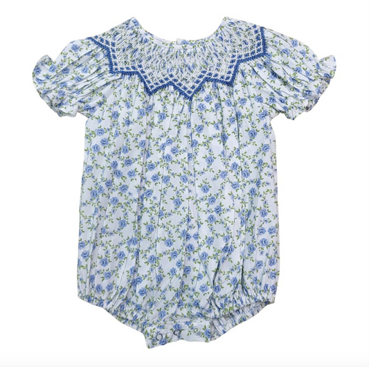 Jessica Blue Floral Print Smocked Bubble