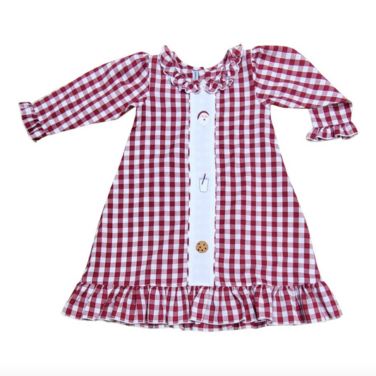 Red Gingham Nightgown With Embroidered Santa, Milk And Cookies