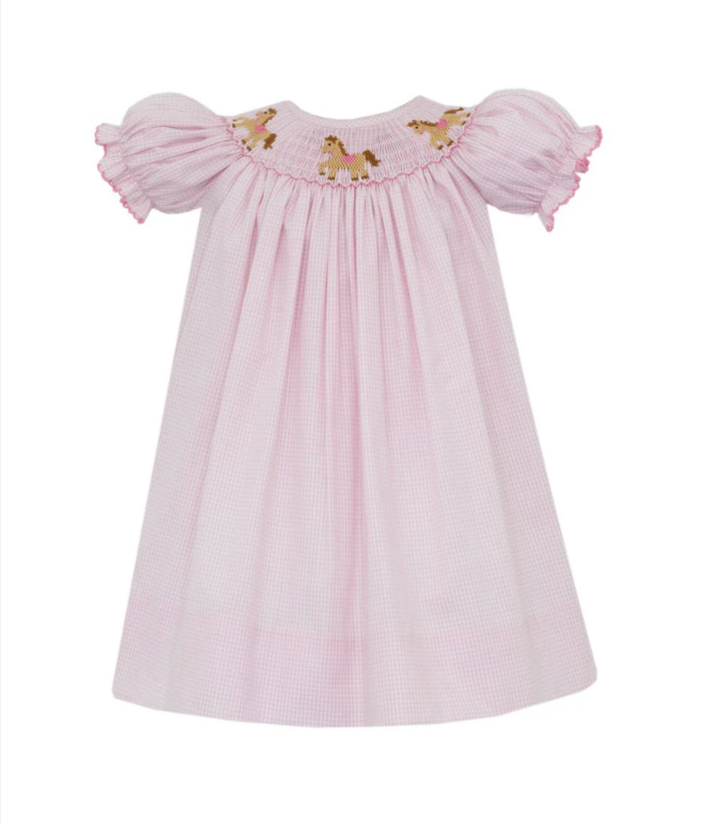 Horses Pink Gingham Bishop Dress