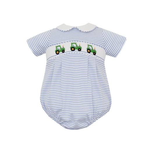 Smocked Tractor Blue Stripe Bubble