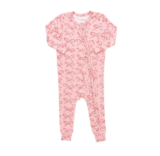 Pink Chicken Baby Ruffle Bamboo Romper - Candy Cane Bows