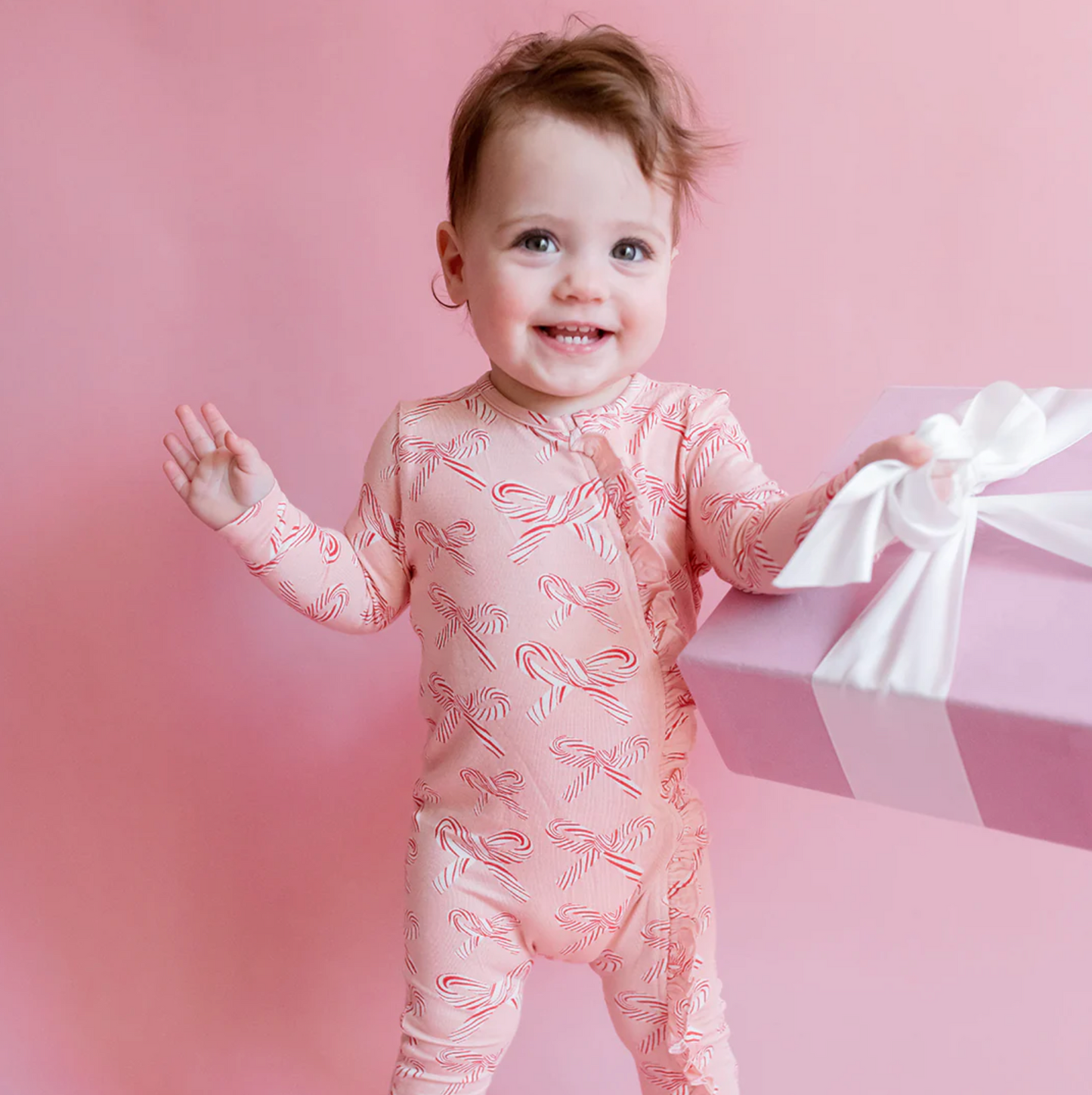 Pink Chicken Baby Ruffle Bamboo Romper - Candy Cane Bows