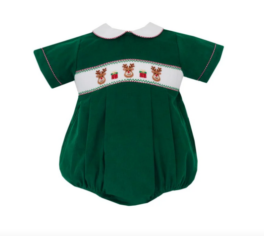 Reindeer Face Baby Boy Green Corduroy Bubble