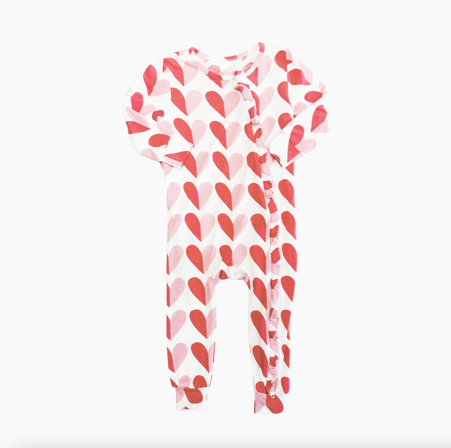 Pink Chicken Baby Ruffle Bamboo Romper - Pink Half Hearts