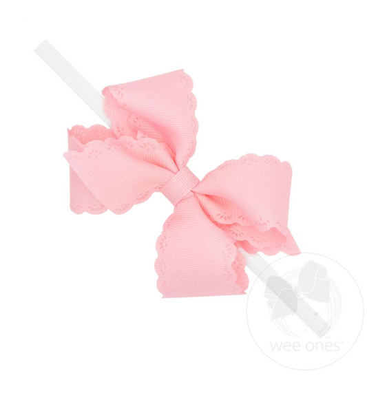 Small Embossed Eyelet Edge Hair Baby Bow - Pink or Blue