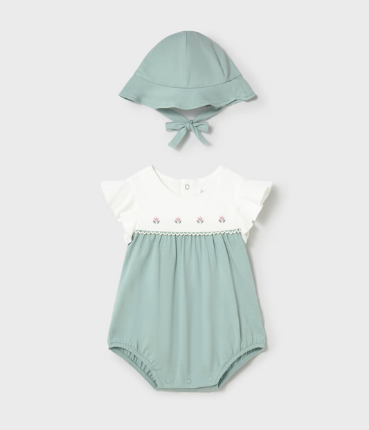 Baby Girl's Floral Romper With Hat Aqua