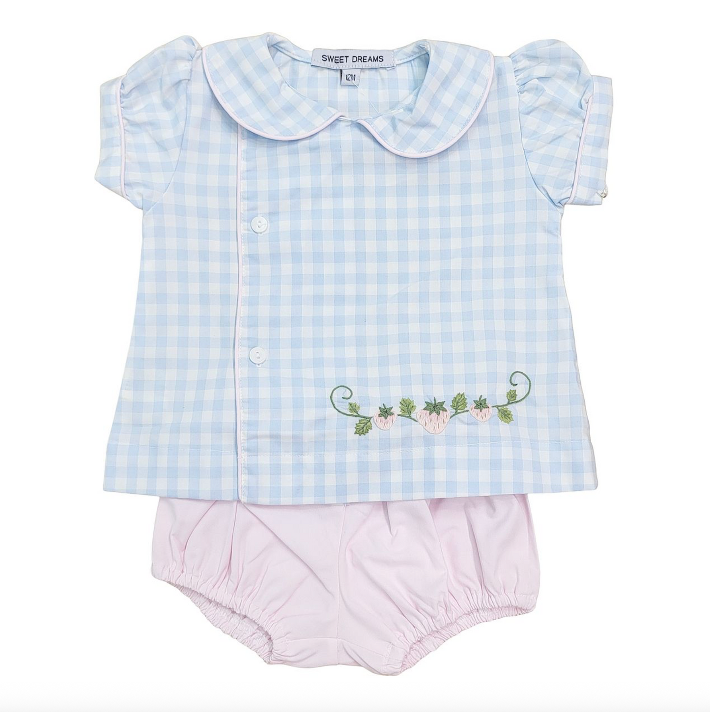 Blue Gingham Embroidered Strawberry Diaper Set