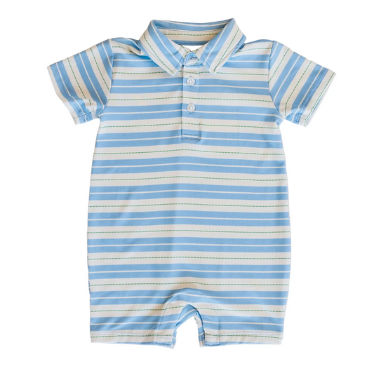 Knox Romper - Blue & Green Ticking Stripe