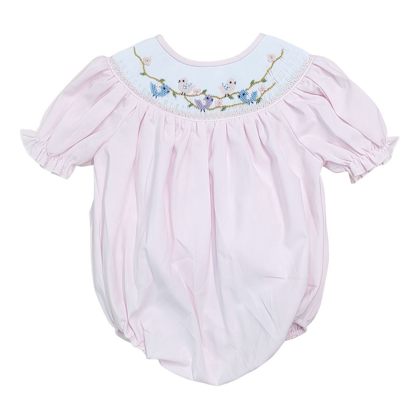 Birds and Blossom Pink Smocked Bubble