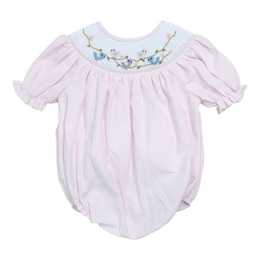 Birds and Blossom Pink Smocked Bubble