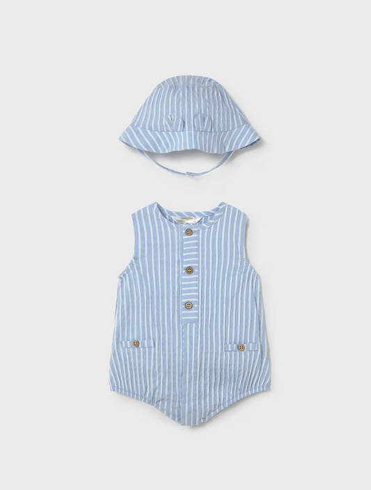 Baby Printed Romper With Hat Set - Sky