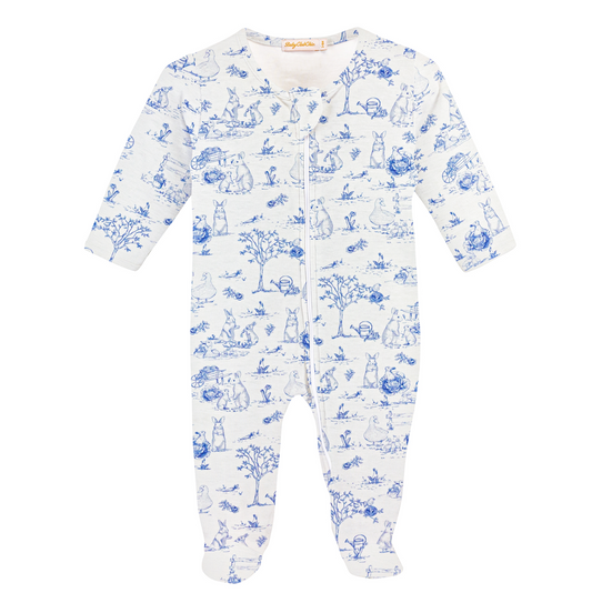 Blue Toile Bunnies Zipped Footie