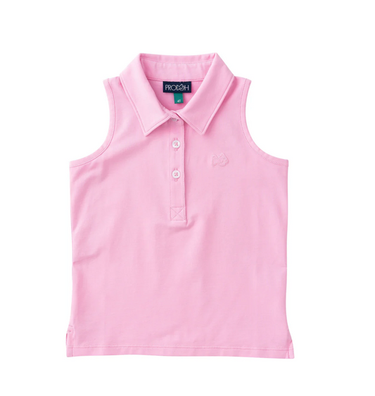 Girls Pink Sleeveless Solid Cotton Polo Shirt