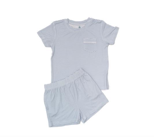 Dusty Blue Mini-Stripe Shorts & T-Shirt Set