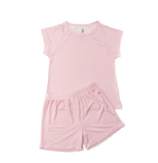 Girls Pink Mini-Stripe Shorts & T-Shirt Set