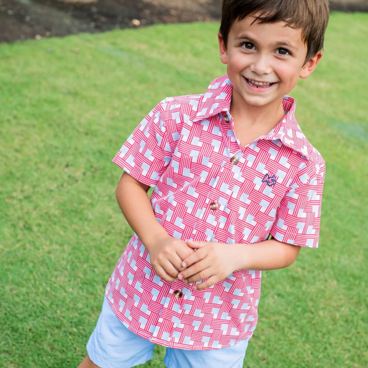 Short Sleeve American Flag Plaid Button Down Shirt
