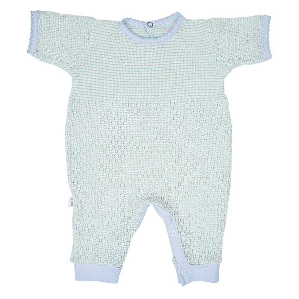 Paty Short Sleeve Romper - Mint w/ Blue Trim
