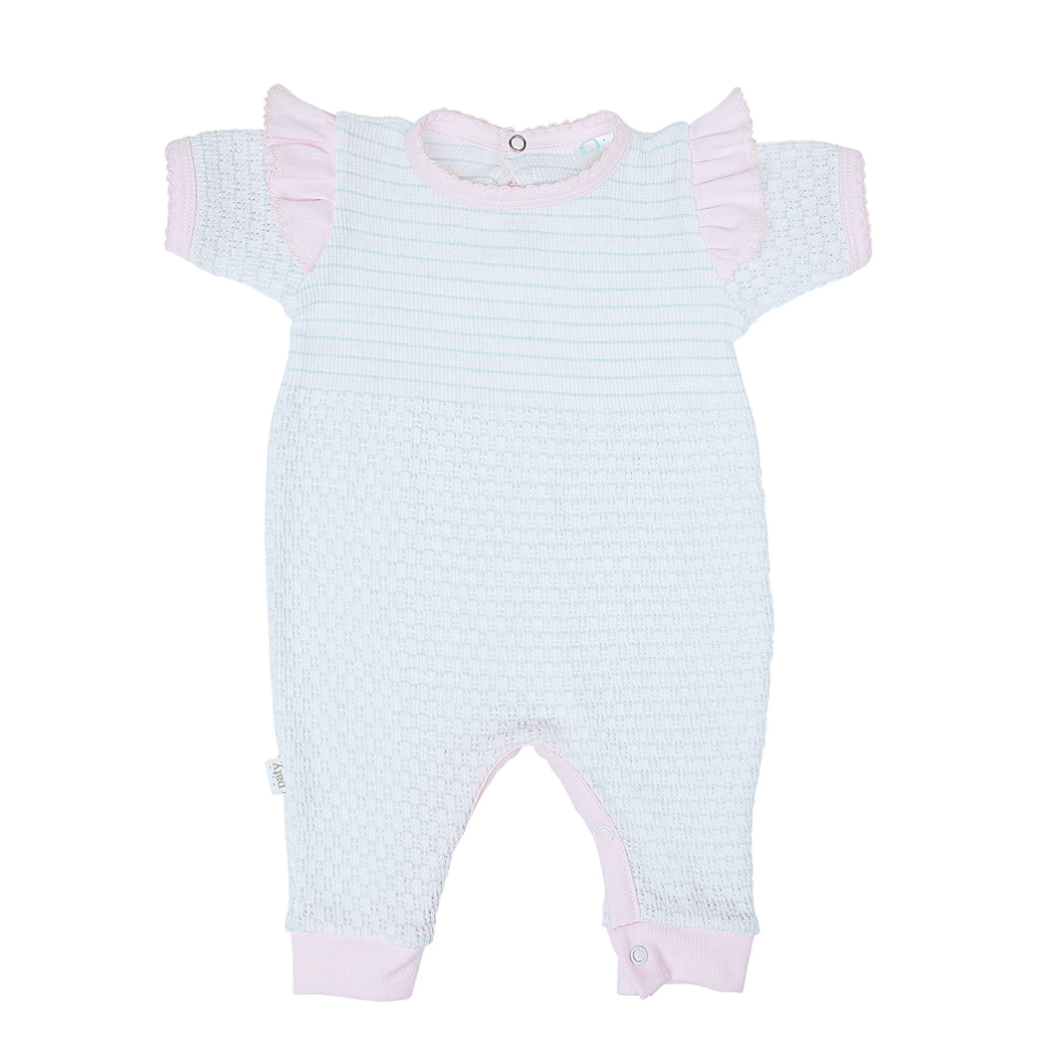 Paty Knit Short Sleeve Romper w/ Ruffle - Blue