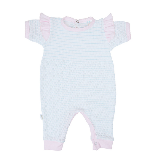 Paty Knit Short Sleeve Romper w/ Ruffle - Blue