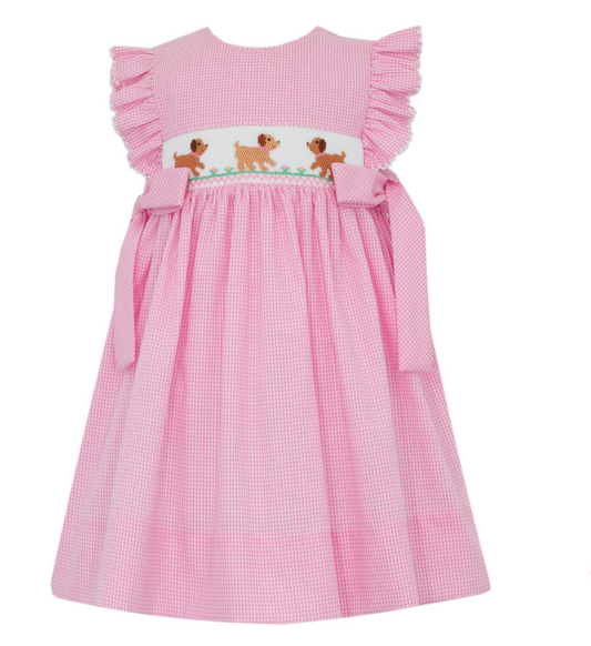 Embroidered Puppies Pink Check Sleeveless Dress