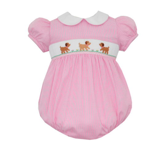 Embroidered Puppies Pink Check Bubble