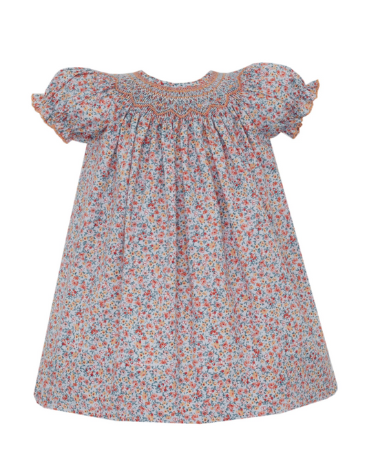 Light Blue and Orange Floral Print Bishop Dress