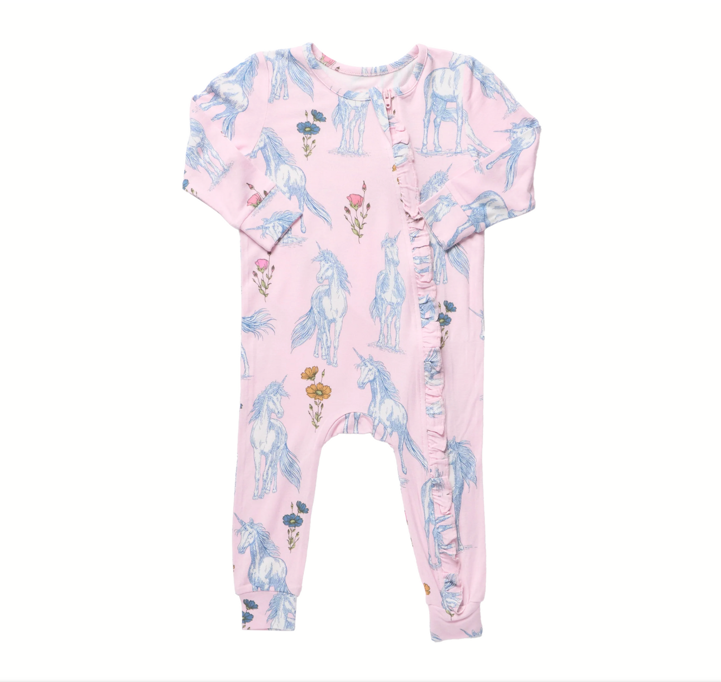 Baby Girls Ruffle Bamboo Romper - Pink Unicorn Fields