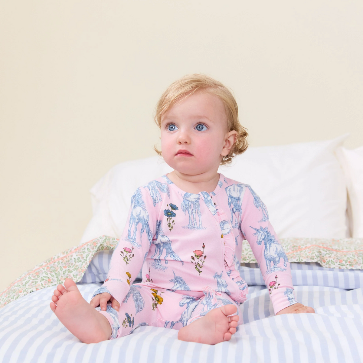 Baby Girls Ruffle Bamboo Romper - Pink Unicorn Fields