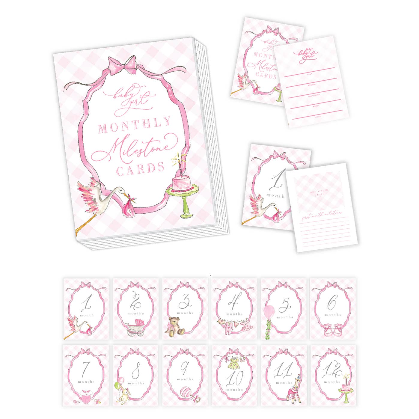 Watercolor Baby Girl Pink Gingham Milestone Cards