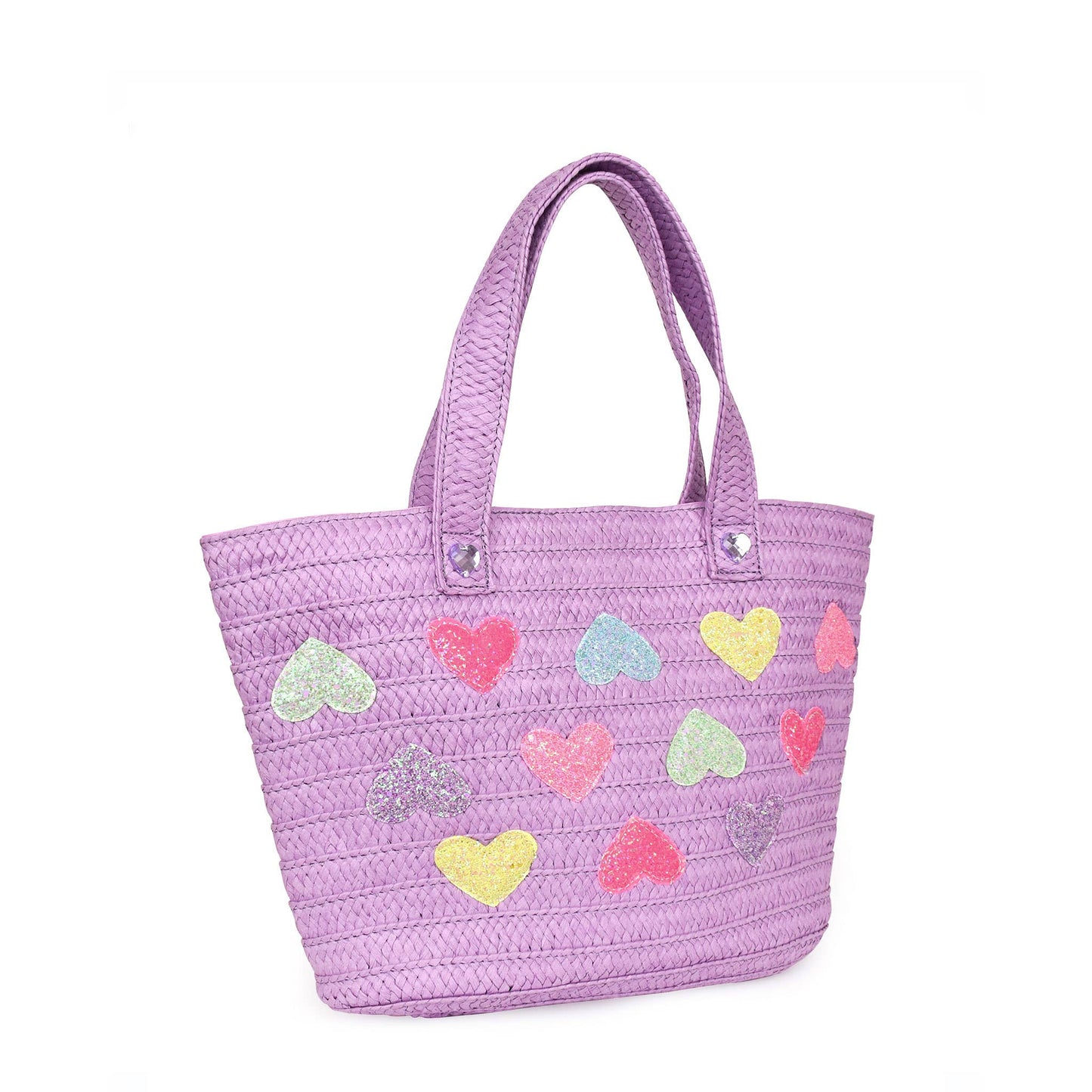Heart-Patched Purple Straw Tote Bag