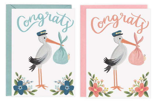 Stork Congrats Card - Pink or Blue